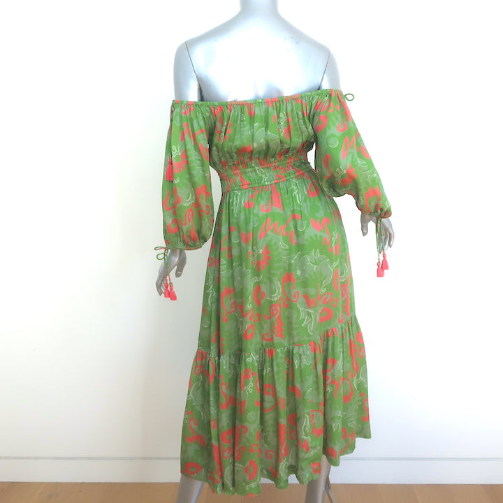 Cleobella Daniella Off the Shoulder Midi Dress Tropical Print Satin Size Small