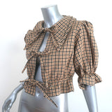 Maison Cleo Tie-Front Blouse Angele Beige Houndstooth Size Small Puff Sleeve Top