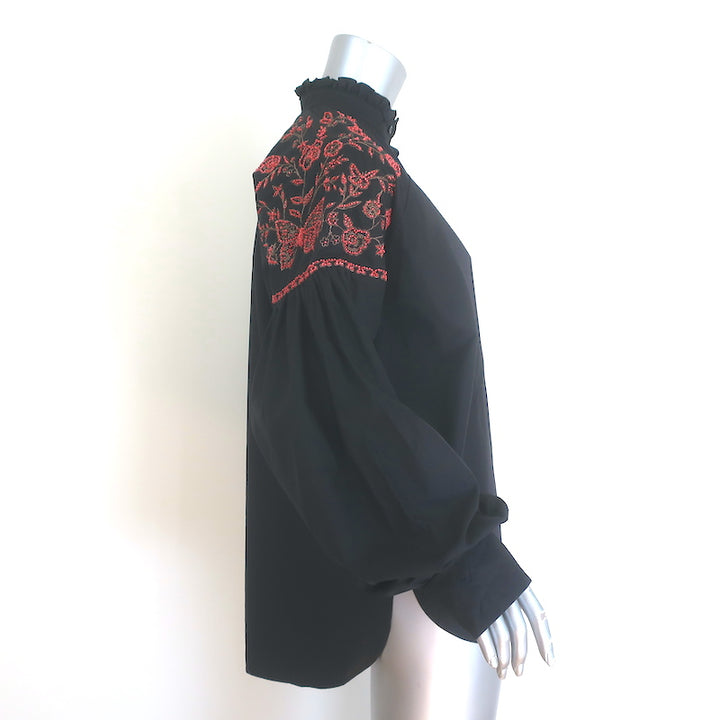 Christian Dior Butterfly Beaded &amp; Embroidered Ruffle Neck Shirt Black Size US 6