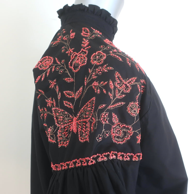 Christian Dior Butterfly Beaded &amp; Embroidered Ruffle Neck Shirt Black Size US 6