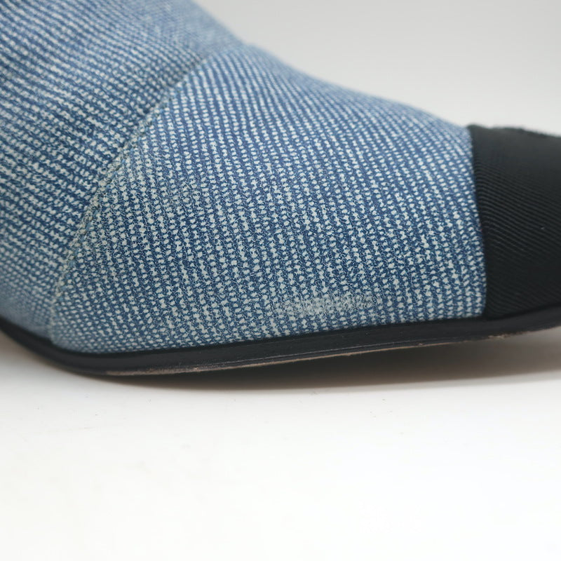 Chanel CC Grosgrain Cap Toe Denim Ankle Boots Blue &amp; Black Size 38.5