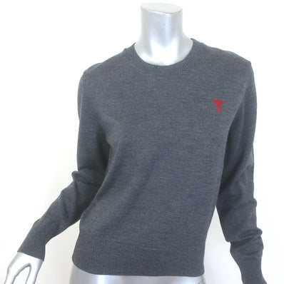 AMI Paris Ami De Coeur Embroidered Crewneck Sweater Gray Wool Size Small