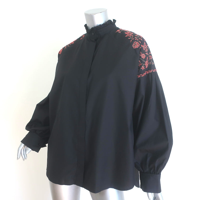 Christian Dior Butterfly Beaded &amp; Embroidered Ruffle Neck Shirt Black Size US 6