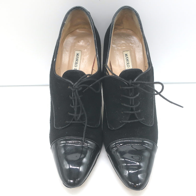 Manolo Blahnik Lace-Up Oxford Pumps Black Patent Leather &amp; Suede Size 40