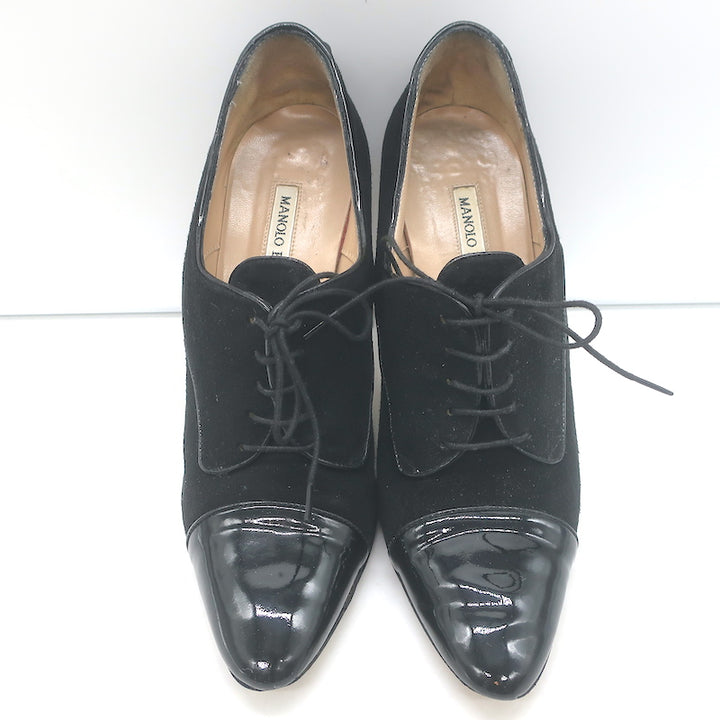 Manolo Blahnik Lace-Up Oxford Pumps Black Patent Leather &amp; Suede Size 40