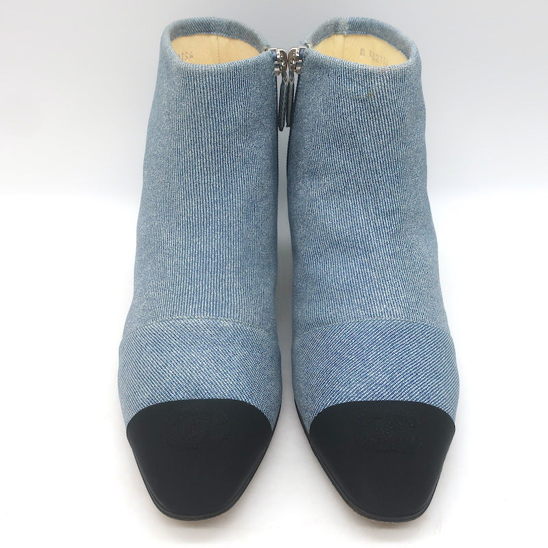 Chanel CC Grosgrain Cap Toe Denim Ankle Boots Blue &amp; Black Size 38.5