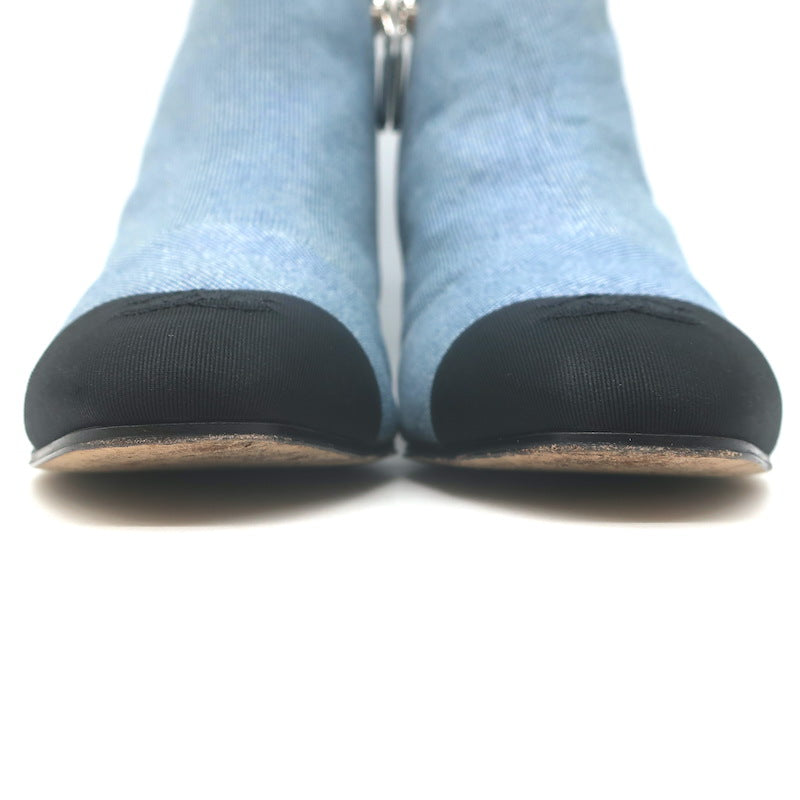 Chanel CC Grosgrain Cap Toe Denim Ankle Boots Blue &amp; Black Size 38.5