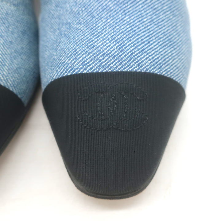 Chanel CC Grosgrain Cap Toe Denim Ankle Boots Blue &amp; Black Size 38.5