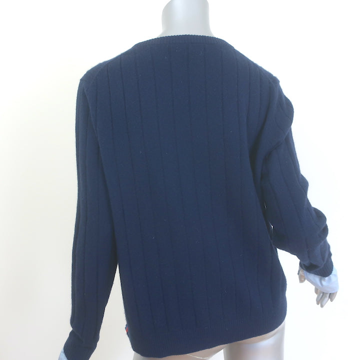 Kule Shirt-Cuff Cashmere Crewneck Sweater Navy Ribbed Knit Size Small