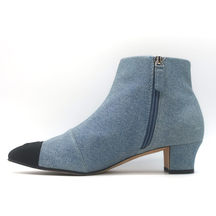 Chanel CC Grosgrain Cap Toe Denim Ankle Boots Blue &amp; Black Size 38.5