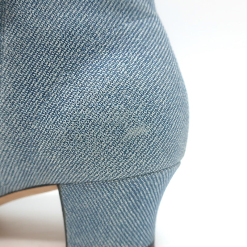 Chanel CC Grosgrain Cap Toe Denim Ankle Boots Blue &amp; Black Size 38.5