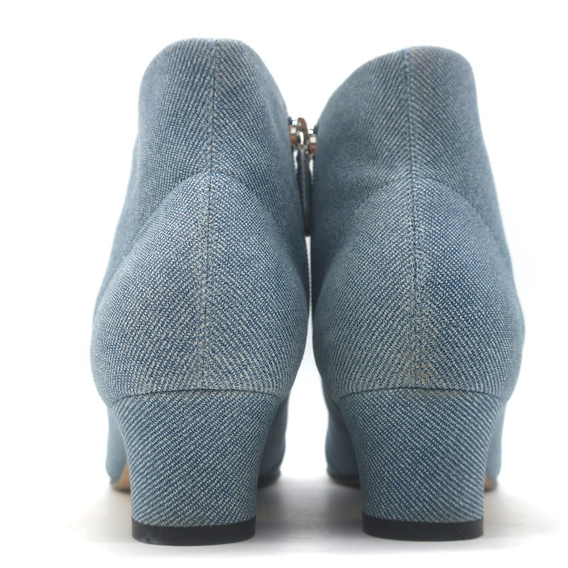 Chanel CC Grosgrain Cap Toe Denim Ankle Boots Blue &amp; Black Size 38.5