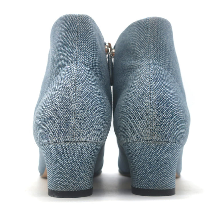 Chanel CC Grosgrain Cap Toe Denim Ankle Boots Blue &amp; Black Size 38.5