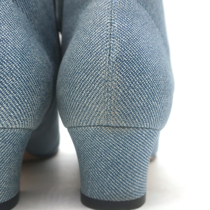 Chanel CC Grosgrain Cap Toe Denim Ankle Boots Blue &amp; Black Size 38.5