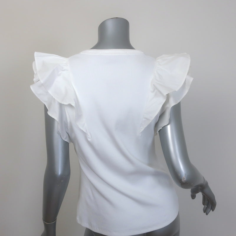 Veronica Beard Cathie Ruffle Top White Ribbed Stretch Cotton Size Medium NEW