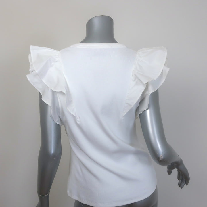 Veronica Beard Cathie Ruffle Top White Ribbed Stretch Cotton Size Medium NEW