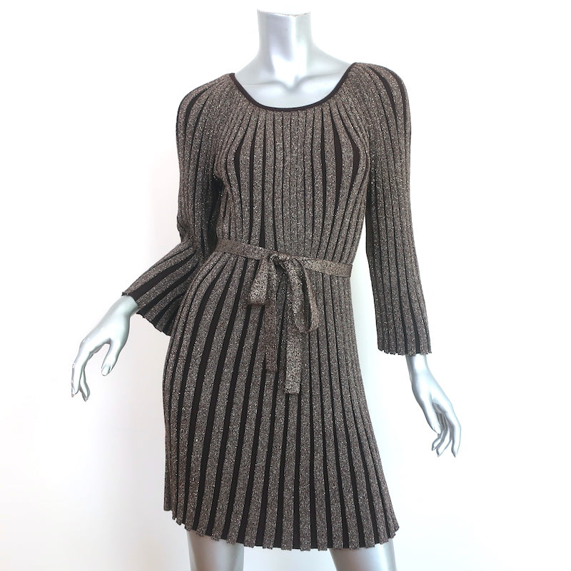 Alice + Olivia Belted Mini Dress Gold/Brown Metallic Ribbed Knit Size Celebrity Owned Alice + Olivia Belted Mini Dress Gold/Brown Metallic Ribbed Knit Size Celebrity Owned