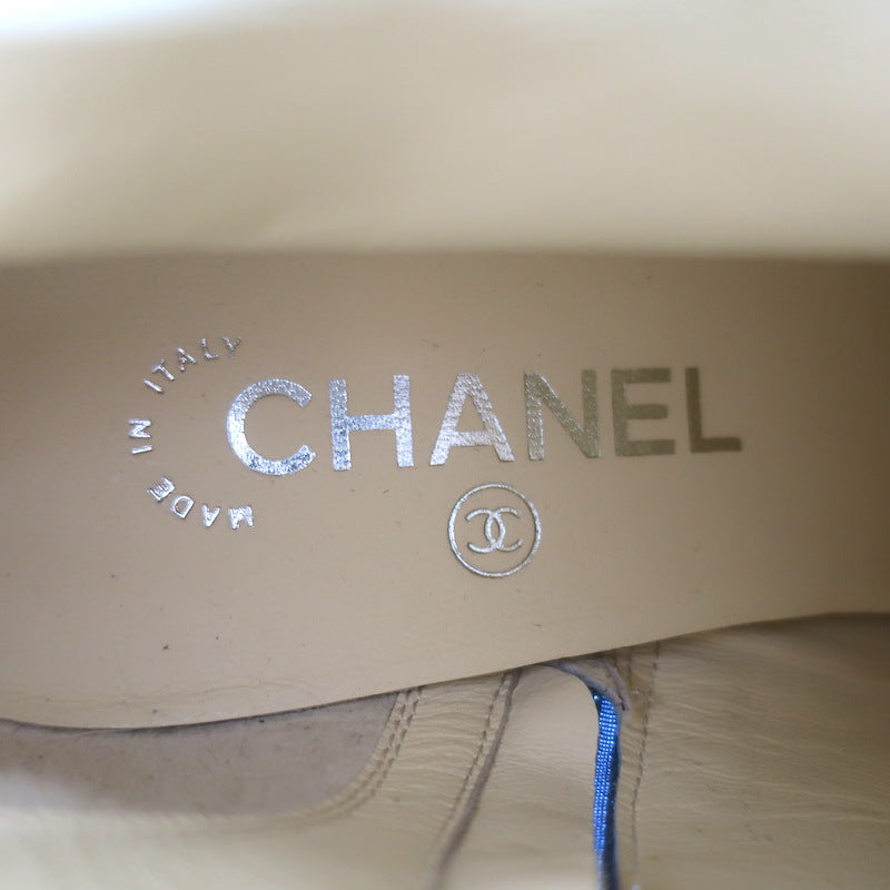Chanel CC Grosgrain Cap Toe Denim Ankle Boots Blue &amp; Black Size 38.5