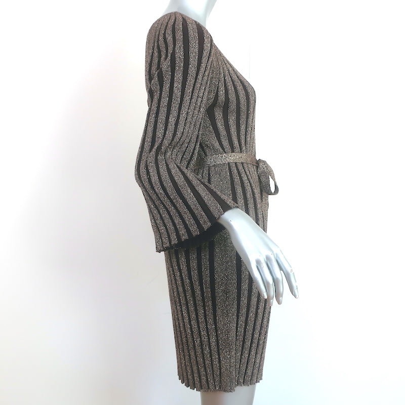 Alice + Olivia Belted Mini Dress Gold/Brown Metallic Ribbed Knit Size Medium