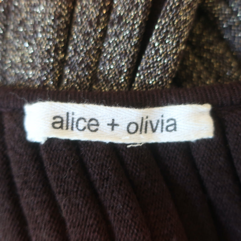 Alice + Olivia Belted Mini Dress Gold/Brown Metallic Ribbed Knit Size Medium