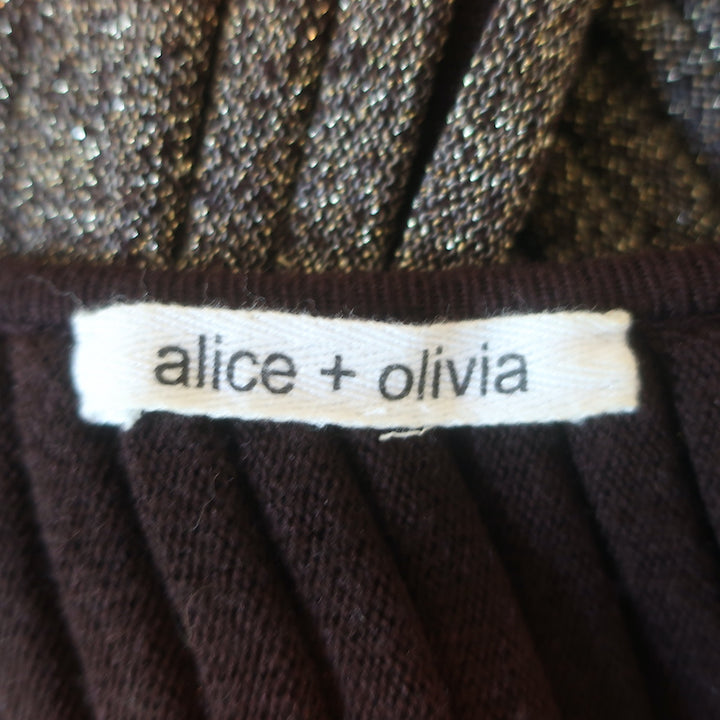 Alice + Olivia Belted Mini Dress Gold/Brown Metallic Ribbed Knit Size Medium
