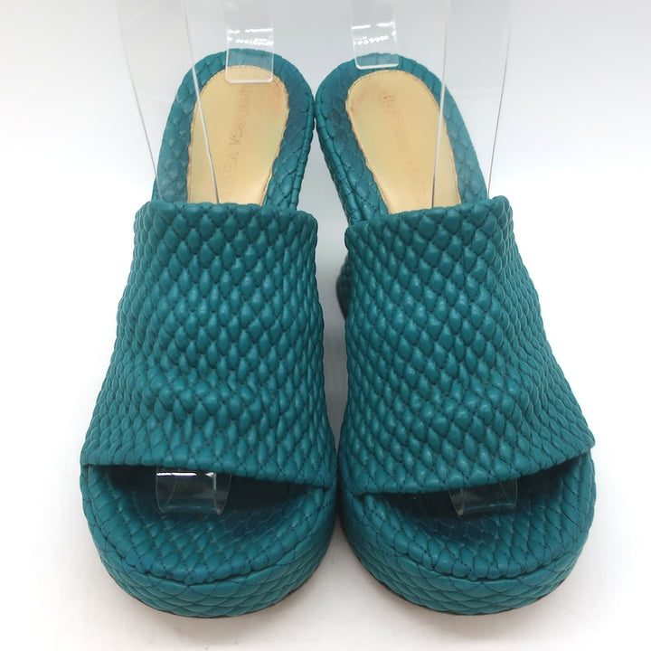 Bottega Veneta Quilted Leather Platform Mules Teal Size 35.5 Open Toe Heels