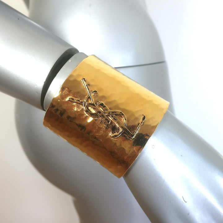 Saint Laurent Cassandre Cuff Bracelet Gold-Toned Hammered Brass Size Medium