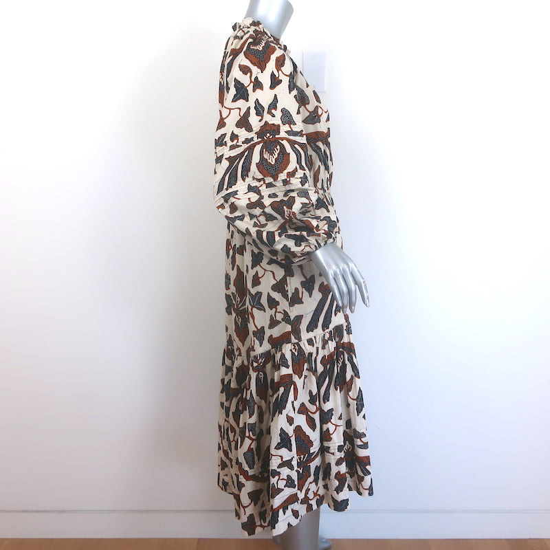 Ulla Johnson Ambre Balloon Sleeve Midi Dress Cream/Brown Printed Poplin Size 6