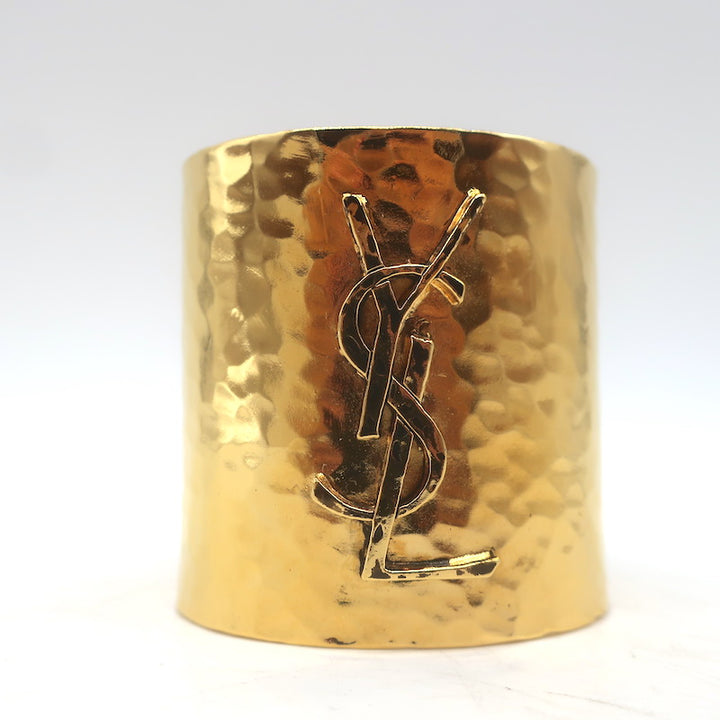 Saint Laurent Cassandre Cuff Bracelet Gold-Toned Hammered Brass Size Medium