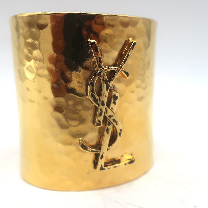 Saint Laurent Cassandre Cuff Bracelet Gold-Toned Hammered Brass Size Medium