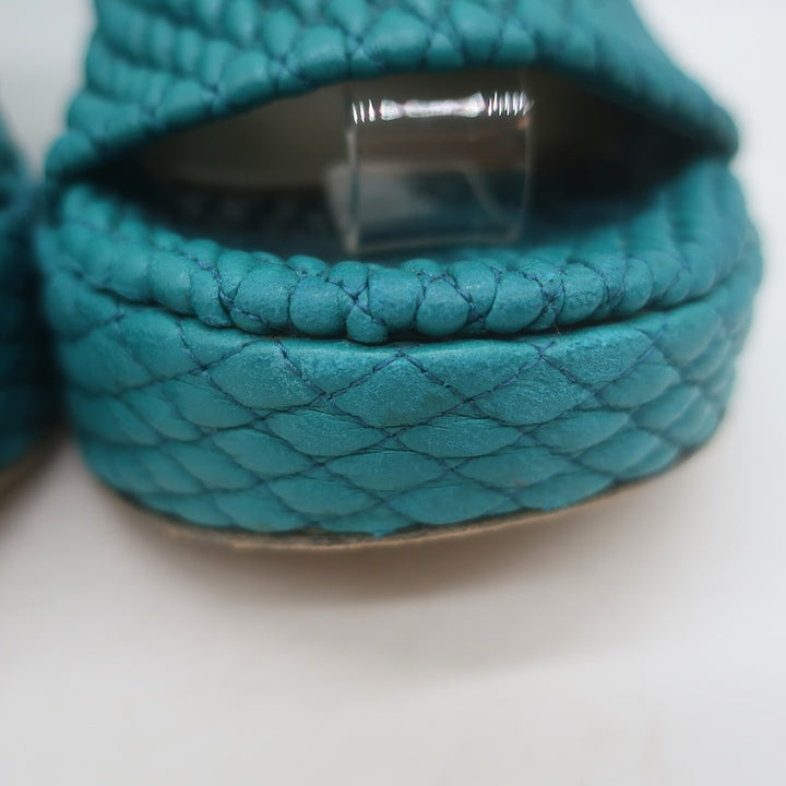 Bottega Veneta Quilted Leather Platform Mules Teal Size 35.5 Open Toe Heels