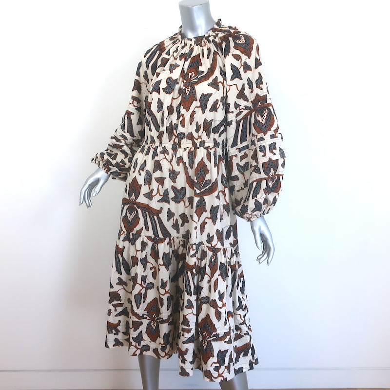Ulla Johnson Ambre Balloon Sleeve Midi Dress Cream/Brown Printed Poplin Size 6