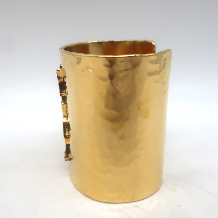 Saint Laurent Cassandre Cuff Bracelet Gold-Toned Hammered Brass Size Medium