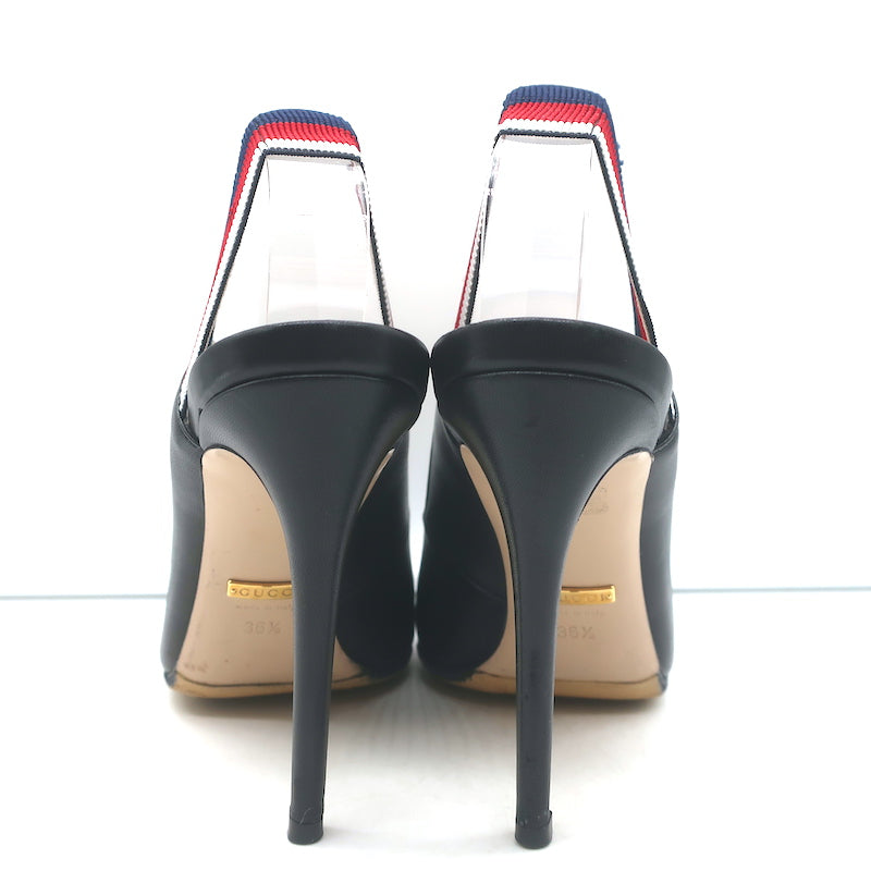 Gucci Sylvie Web Slingback Pumps Black Leather Size 36.5