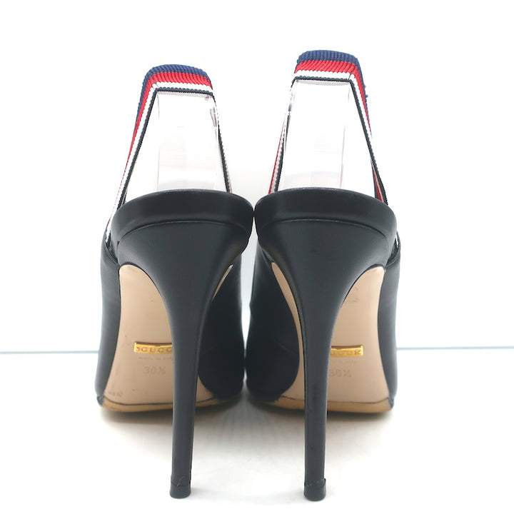 Gucci Sylvie Web Slingback Pumps Black Leather Size 36.5