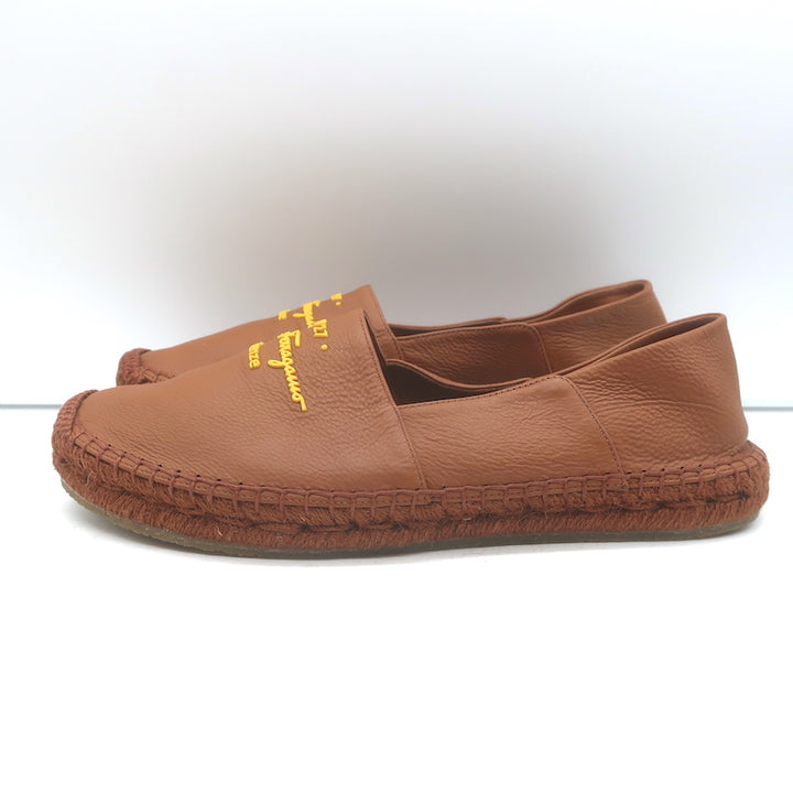Salvatore Ferragamo Gus Logo Espadrilles Brown Grained Leather Size 8 C