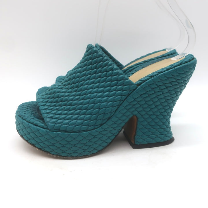 Bottega Veneta Quilted Leather Platform Mules Teal Size 35.5 Open Toe Heels