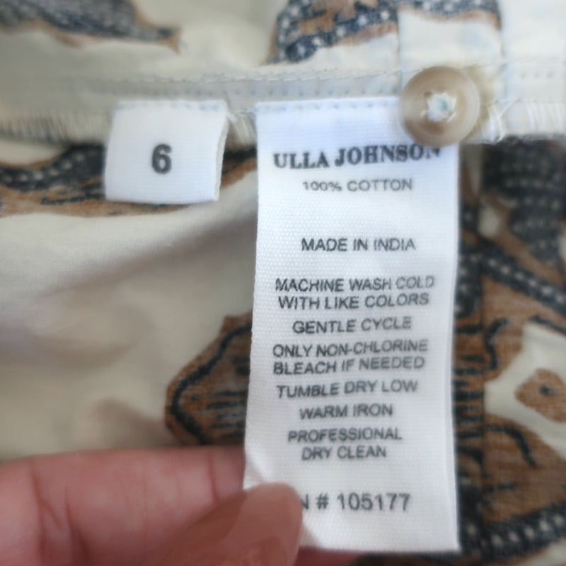 Ulla Johnson Ambre Balloon Sleeve Midi Dress Cream/Brown Printed Poplin Size 6