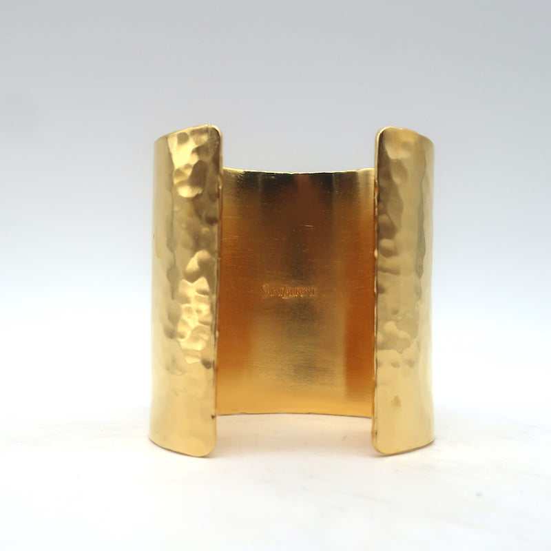 Saint Laurent Cassandre Cuff Bracelet Gold-Toned Hammered Brass Size Medium