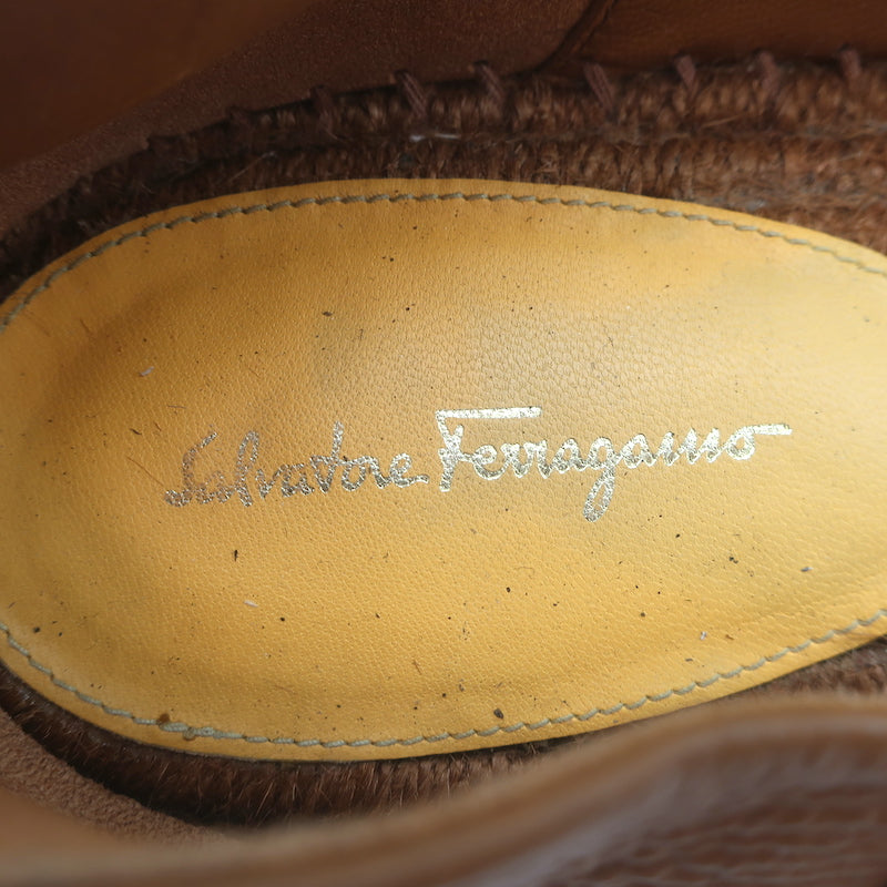 Salvatore Ferragamo Gus Logo Espadrilles Brown Grained Leather Size 8 C