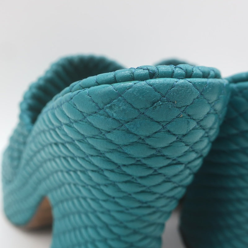 Bottega Veneta Quilted Leather Platform Mules Teal Size 35.5 Open Toe Heels