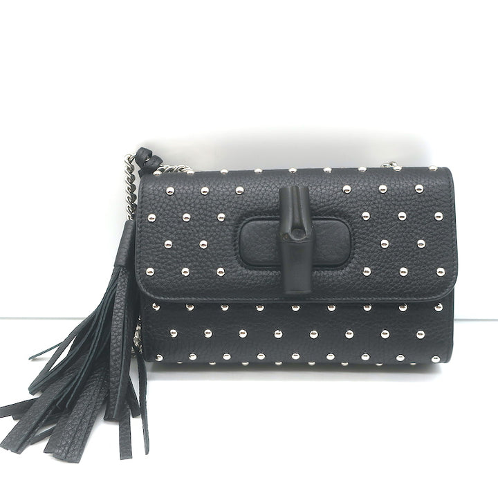 Gucci Miss Bamboo Studded Small Crossbody Black Leather Chain Strap Shoulder Bag