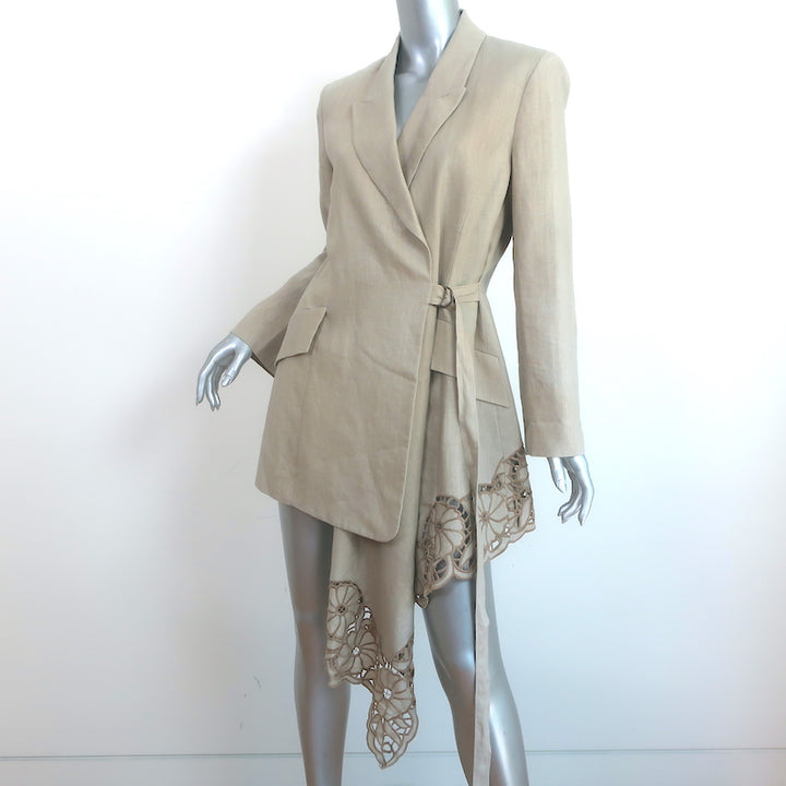 Oscar de la Renta Guipure Lace-Embroidered Linen Asymmetric Blazer Beige Size 8