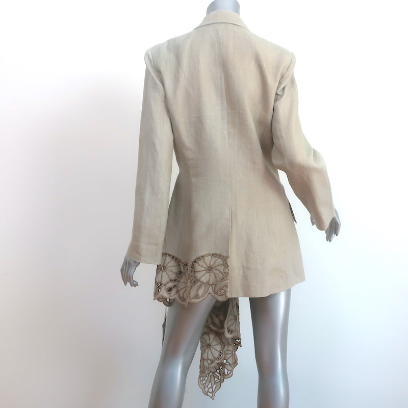 Oscar de la Renta Guipure Lace-Embroidered Linen Asymmetric Blazer Beige Size 8