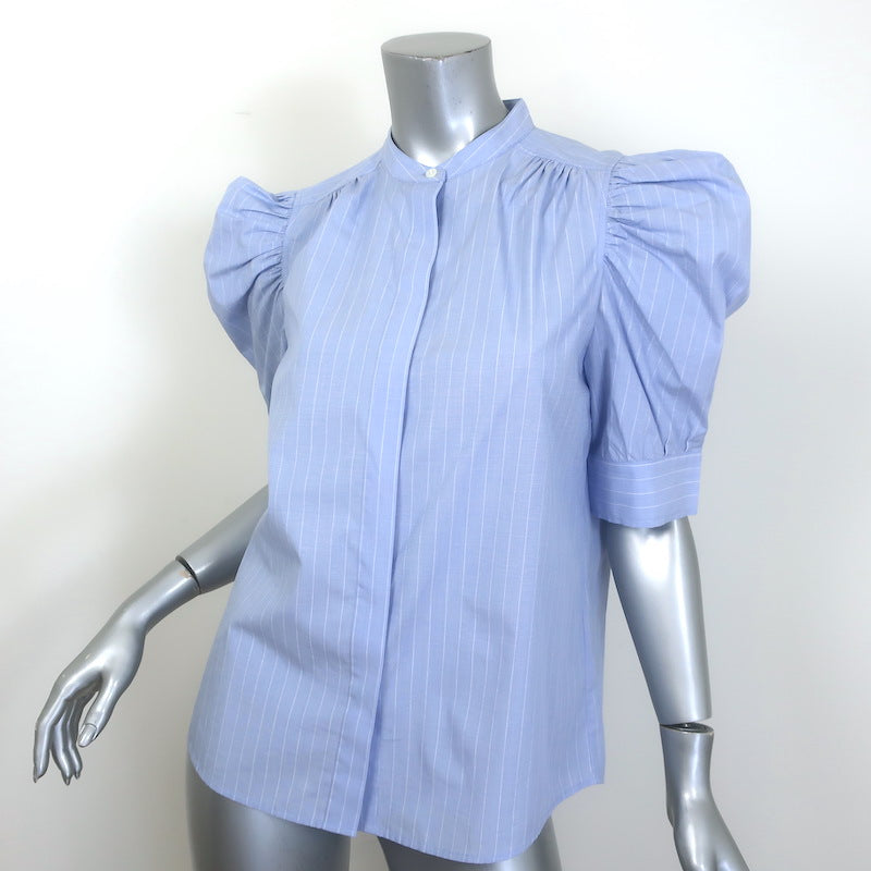 FRAME Ruched Puff Sleeve Shirt Chambray Blue Striped Cotton Size Small