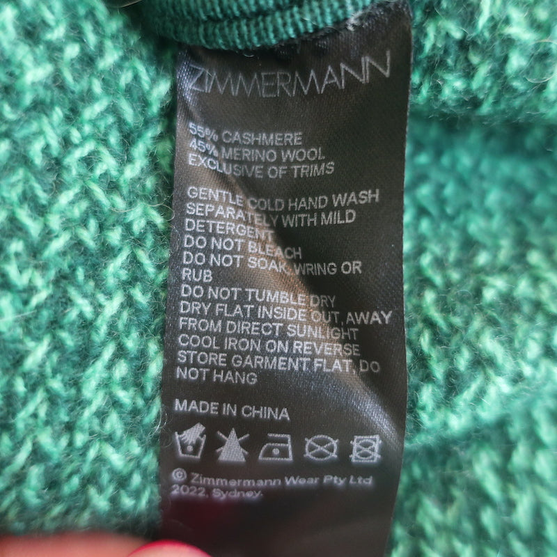 Zimmermann Fringed Turtleneck Sweater Emerald Cashmere-Wool Size 2