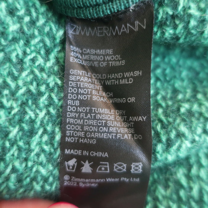 Zimmermann Fringed Turtleneck Sweater Emerald Cashmere-Wool Size 2