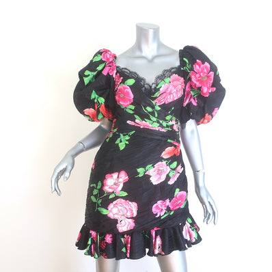Ronny Kobo Windom Puff Sleeve Mini Dress Black Floral Print Satin Size Large