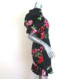 Ronny Kobo Windom Puff Sleeve Mini Dress Black Floral Print Satin Size Large