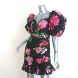 Ronny Kobo Windom Puff Sleeve Mini Dress Black Floral Print Satin Size Large